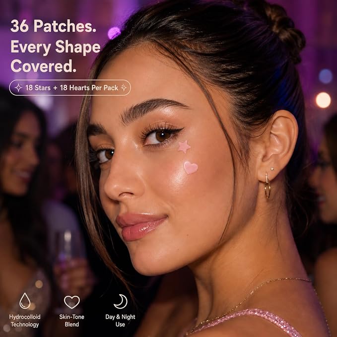 Eclipi Star & Heart Pimple Patches 36 Count - Acne Stickers for Blemish Care, Oil Absorbing Spot Dots for Clear Looking Skin, Gentle on Sensitive Skin (Pink)