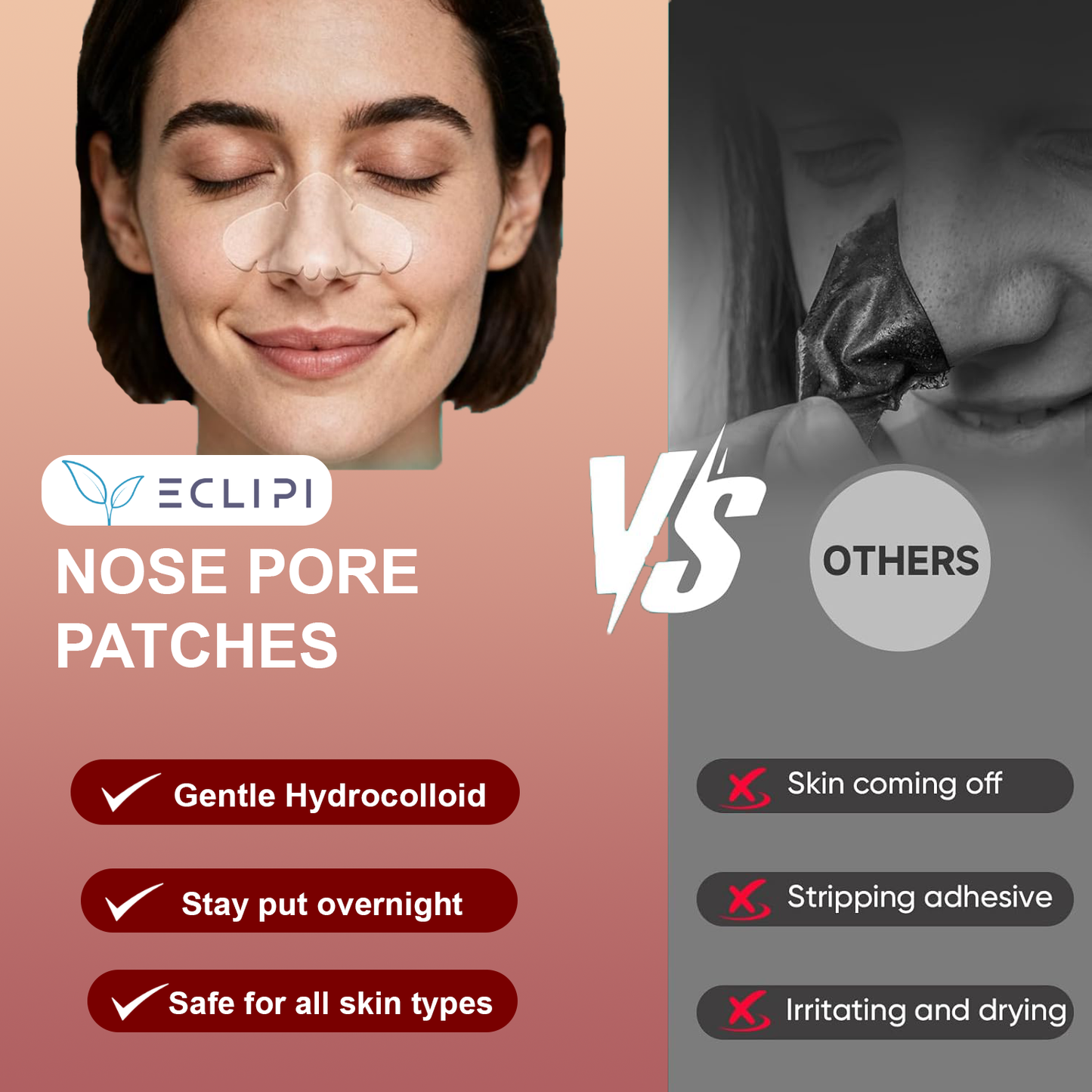 Eclipi Nose Pimple Patches 10 PCs – Hydrocolloid Nose Strips for Acne Care, Absorbs Oil & Pore Impurities Overnight, Gentle & Easy Peel Pimple Stickers for Clearer Looking Skin