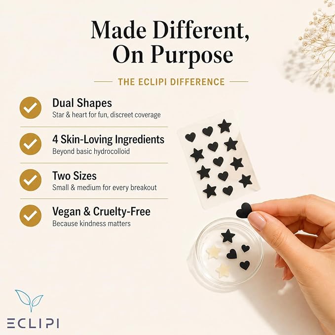 Eclipi Star & Heart Pimple Patches 36 Count - Acne Stickers for Blemish Care, Oil Absorbing Spot Dots for Clear Looking Skin, Gentle on Sensitive Skin (Black)