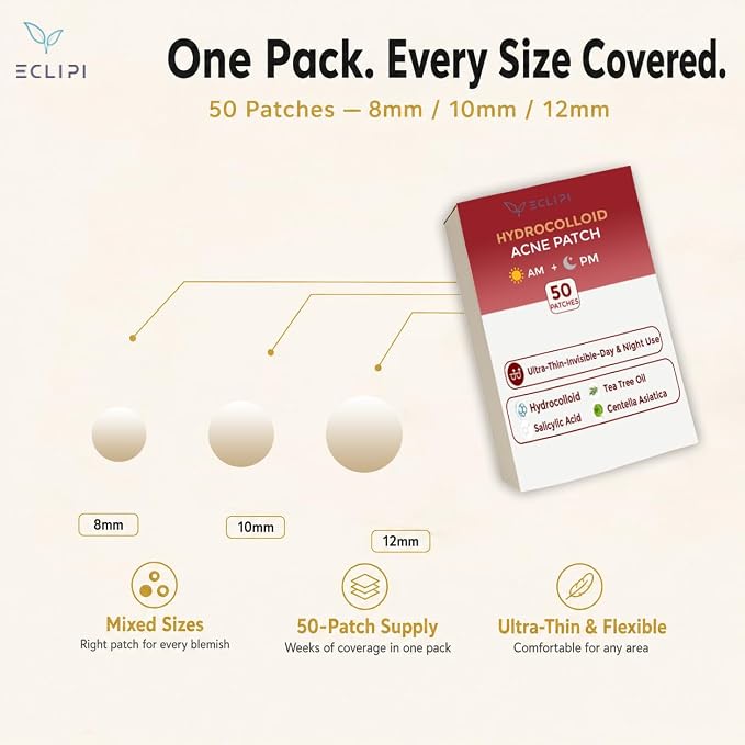 Eclipi AM/PM Hydrocolloid Pimple Patches for Face 50 Pack – 3 Sizes Acne Patches | Blemish Spot Stickers with Tea Tree Oil & Calendula, Clear Skin Look, Gentle for Sensitive Skin