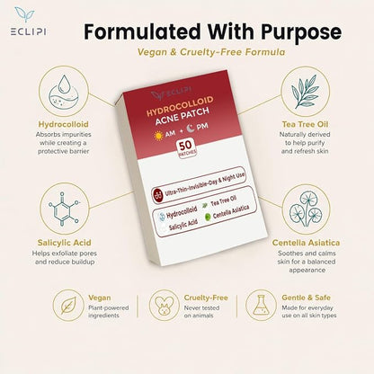 Eclipi AM/PM Hydrocolloid Pimple Patches for Face 50 Pack – 3 Sizes Acne Patches | Blemish Spot Stickers with Tea Tree Oil & Calendula, Clear Skin Look, Gentle for Sensitive Skin