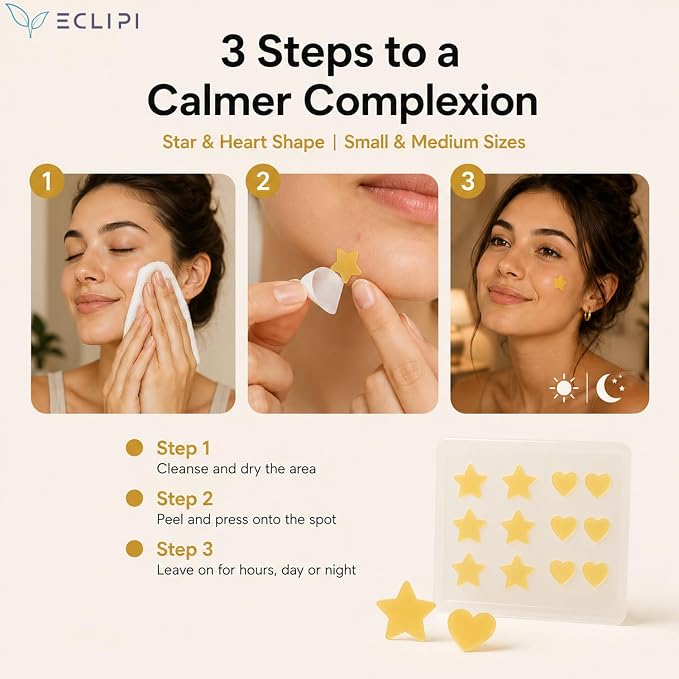 Eclipi Star & Heart Pimple Patches 36 Count - Acne Stickers for Blemish Care, Oil Absorbing Spot Dots for Clear Looking Skin, Gentle on Sensitive Skin (Yellow)
