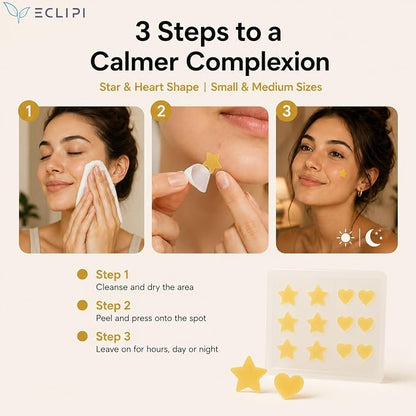 Eclipi Star & Heart Pimple Patches 36 Count - Acne Stickers for Blemish Care, Oil Absorbing Spot Dots for Clear Looking Skin, Gentle on Sensitive Skin (Yellow)