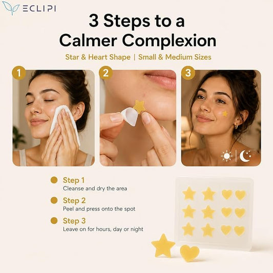 Eclipi Star & Heart Pimple Patches 36 Count - Acne Stickers for Blemish Care, Oil Absorbing Spot Dots for Clear Looking Skin, Gentle on Sensitive Skin (Yellow)