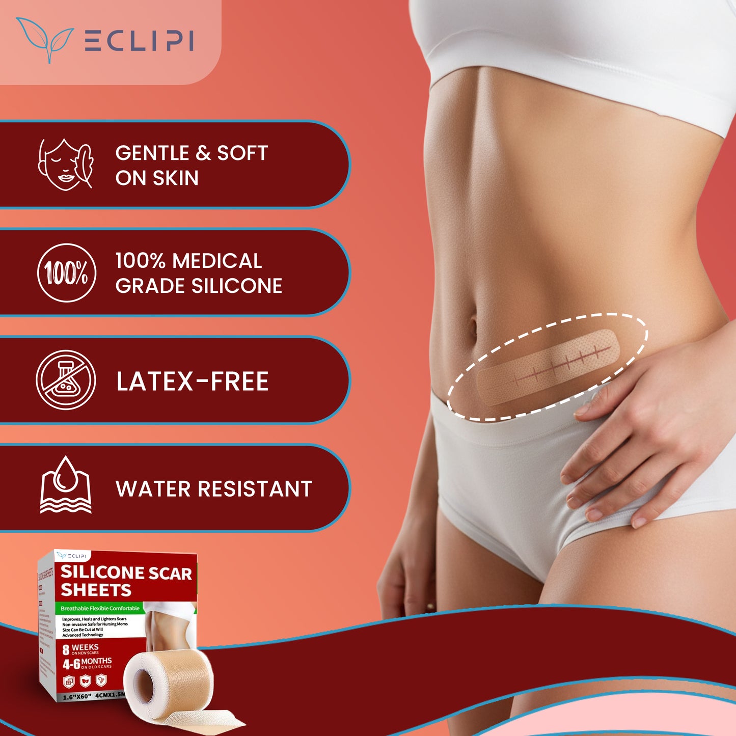 Eclipi Silicone Scar Tape Roll (1.6'' x 60'') – Reusable Sheets for C-Section, Tummy Tuck, Surgical, Burn, and Keloid Scars – Soft, Flexible & Skin-Friendly Strips