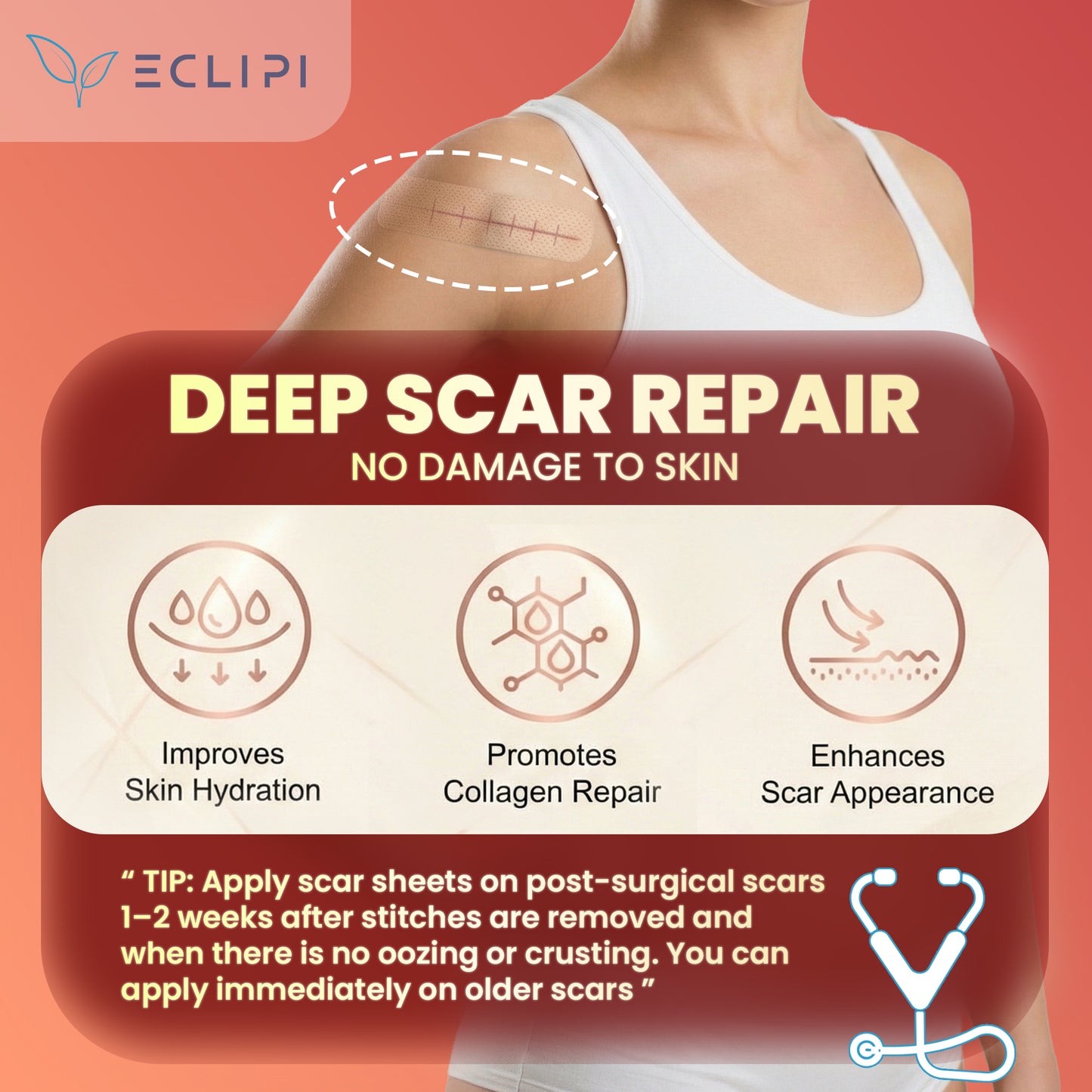 Eclipi Silicone Scar Tape Roll (1.6'' x 60'') – Reusable Sheets for C-Section, Tummy Tuck, Surgical, Burn, and Keloid Scars – Soft, Flexible & Skin-Friendly Strips