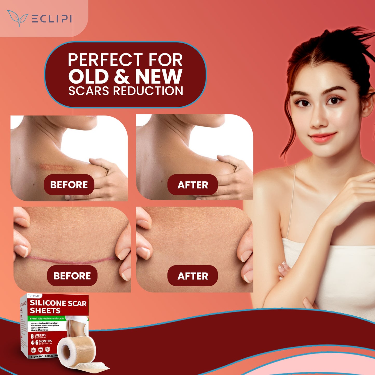 Eclipi Silicone Scar Tape Roll (1.6'' x 60'') – Reusable Sheets for C-Section, Tummy Tuck, Surgical, Burn, and Keloid Scars – Soft, Flexible & Skin-Friendly Strips