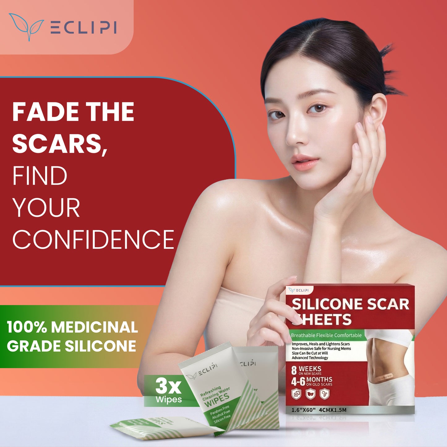 Eclipi Silicone Scar Tape Roll (1.6'' x 60'') – Reusable Sheets for C-Section, Tummy Tuck, Surgical, Burn, and Keloid Scars – Soft, Flexible & Skin-Friendly Strips